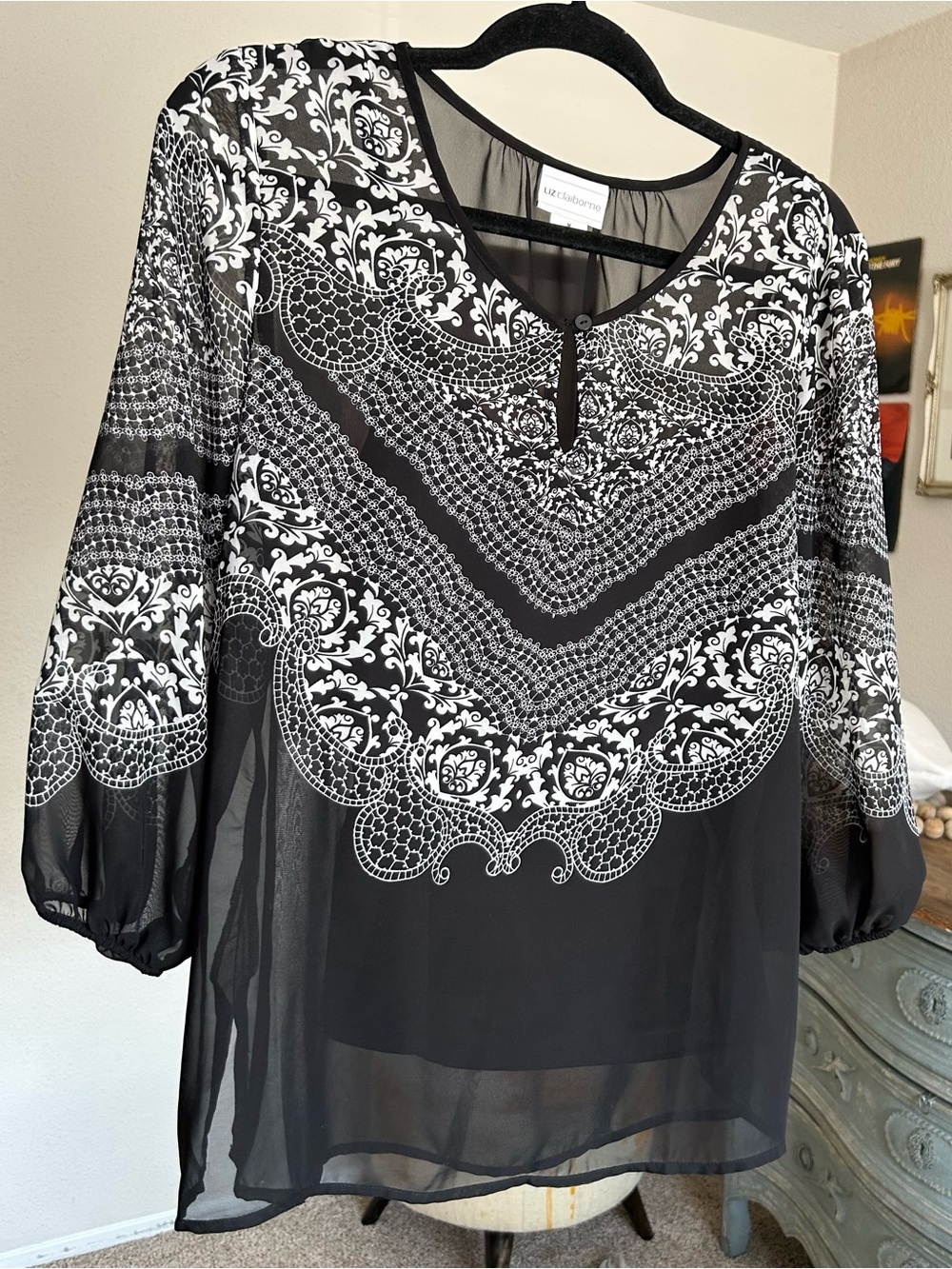 Vintage Y2K 90s Whimsigoth Peasant Blouse Womens M Damask Filigree Sheer Lined